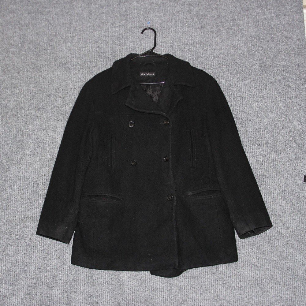 VTG Perry Ellis Peacoat Womens 14 Black Double Breasted Wool Blend Formal Winter